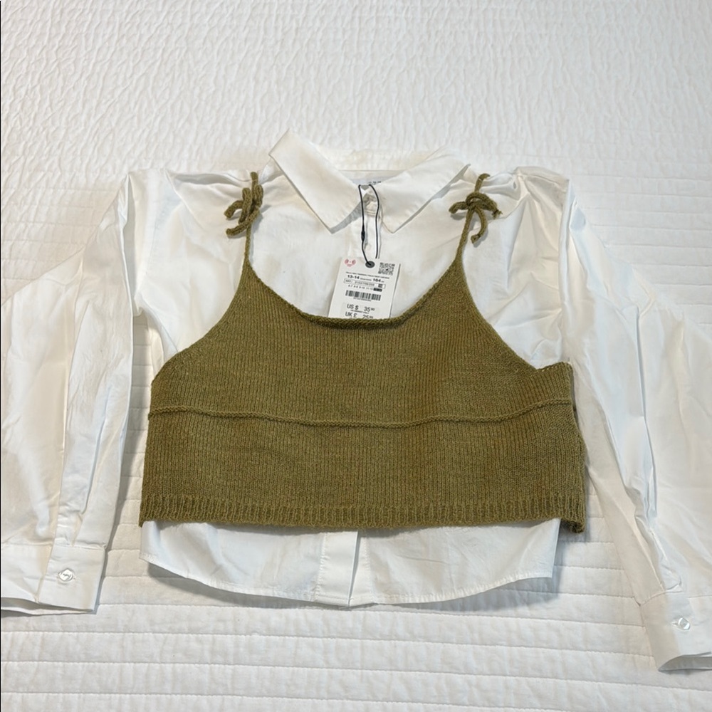 Zara Kids White Shirt with Olive Green Knit Top